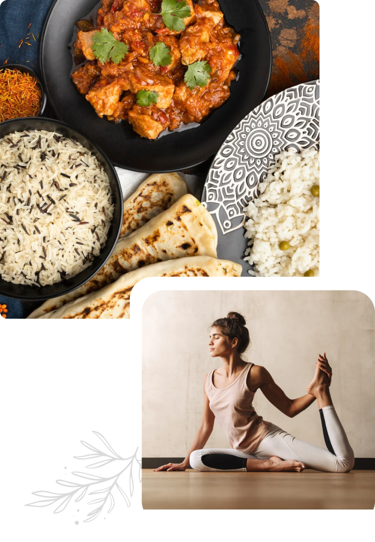 ayurveda ayursentials ojas drops woman doing yoga food indian rice curry naan immunity